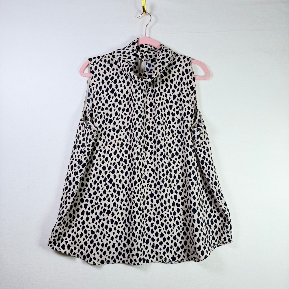 ANN TAYLOR Cream Navy Animal Print Mock Neck Sleeveless Blouse XLP